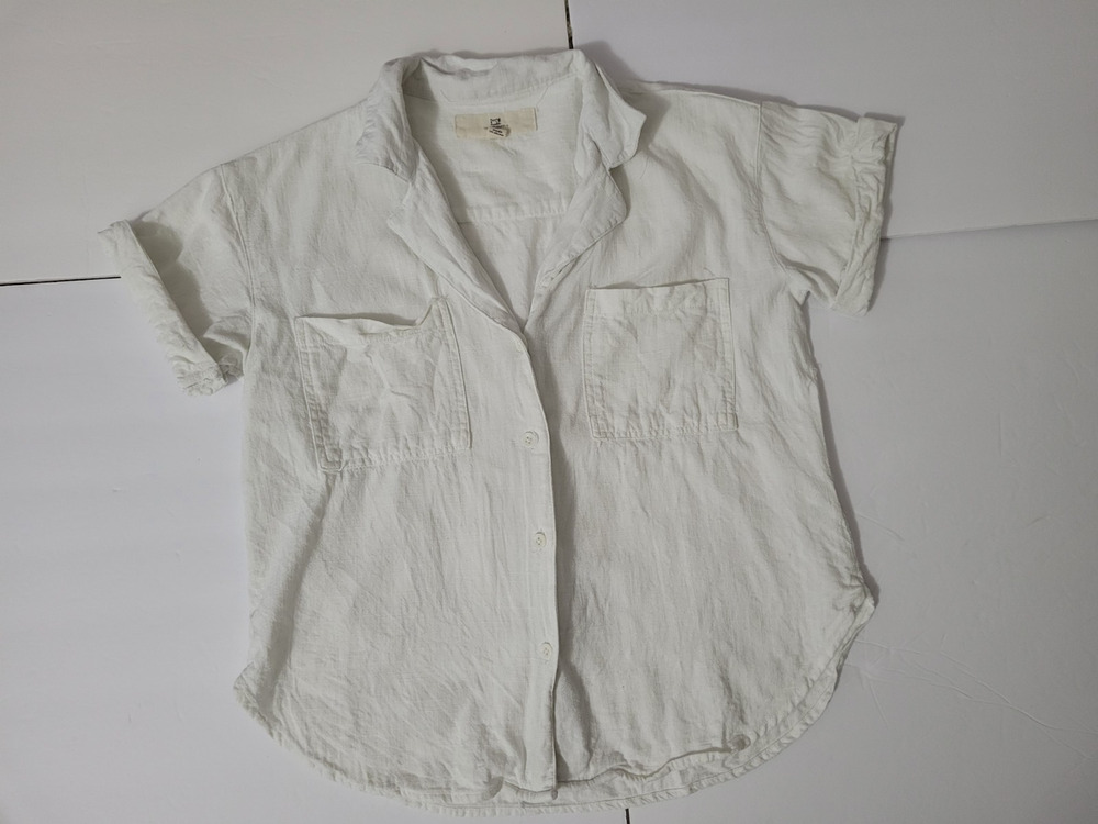 Thread & Supply Womens XS Ivory Linen Blend Button Down Short Sleeve Shirt